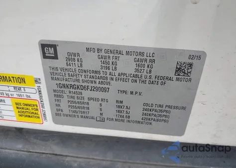 2015 Chevrolet Traverse 1Lt z USA, uszkodzony, nr VIN 1GNKRGKD6FJ290097